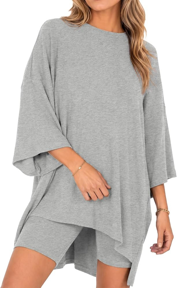 Fisoew Womens 2 Piece Lounge Set Ribbed Oversized T-Shirt Biker Shorts | Amazon (US)