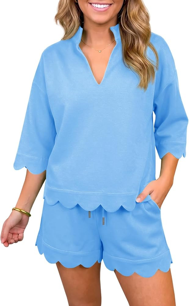 Fisoew Women 2 Piece Shorts Sets 3/4 Sleeve Sweatshirts Casual Lounge Sets | Amazon (US)