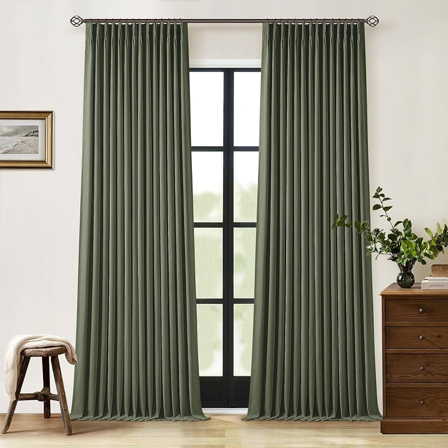 Olive Green Pleated Linen Blackout Curtains 90 Inches Long for Bedroom Living Room Pinch Pleat Bl... | Amazon (US)