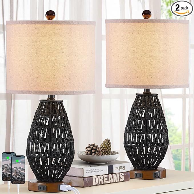 CINSARY Touch Control Rattan Table Lamps, 3 Way Dimmable Bedside Lamps for Bedroom Set of 2 with ... | Amazon (US)
