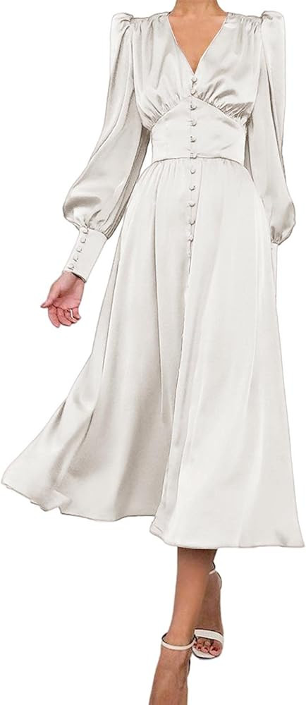 xxxiticat Women's Puff Sleeve Satin Maxi Dress Long Lantern Sleeve Button Down Ruffle Single Brea... | Amazon (US)