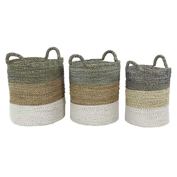 Neutral Color Blocked Seagrass Baskets, Set of 3 | Kirkland's Home