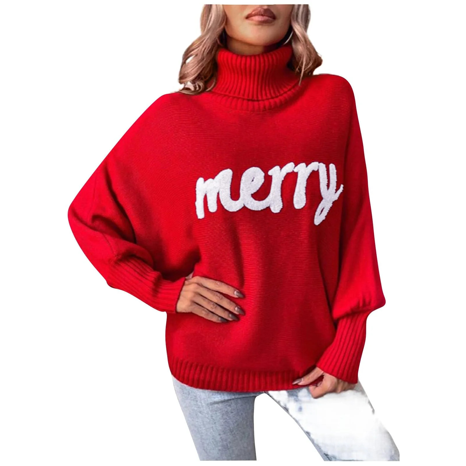 Womens Christmas Sweaters Long Sleeve Turtleneck Merry Letter Embroidery Chunky Knit Sweatshirt C... | Walmart (US)