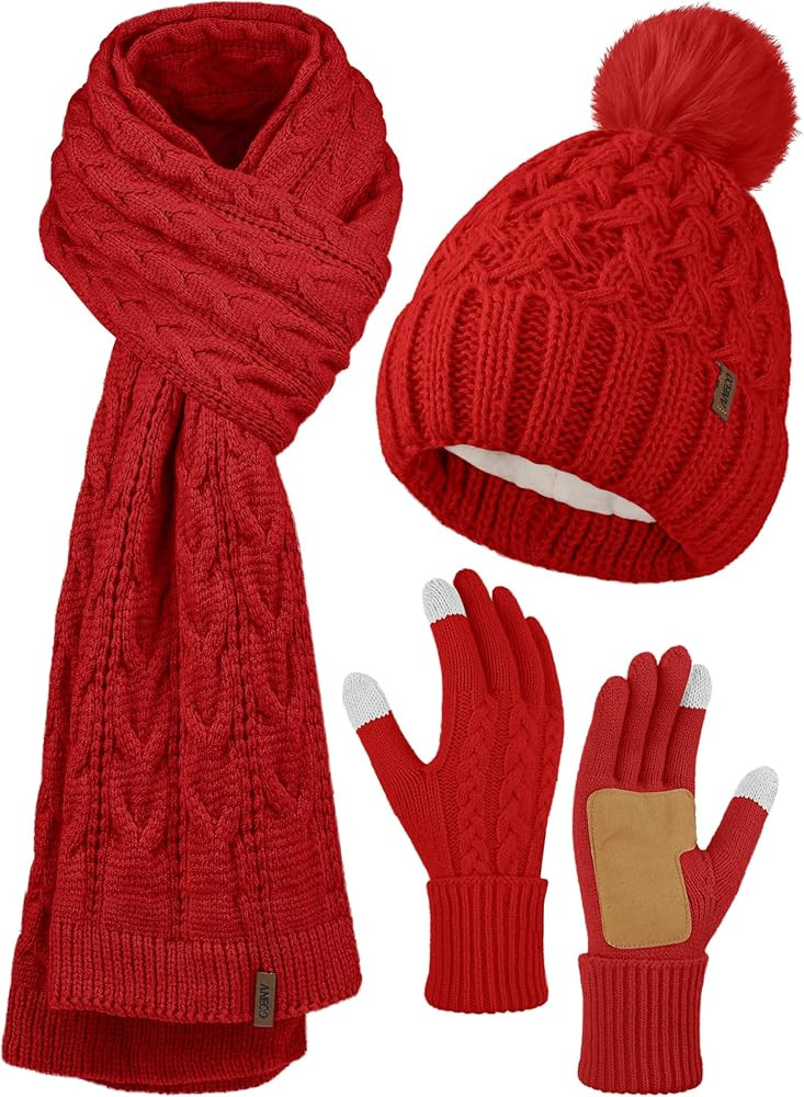 Aneco Women Winter Beanie Hat Scarf Gloves with Pom Pom Fleece Lined Touchscreen Gloves Set Thick... | Amazon (US)