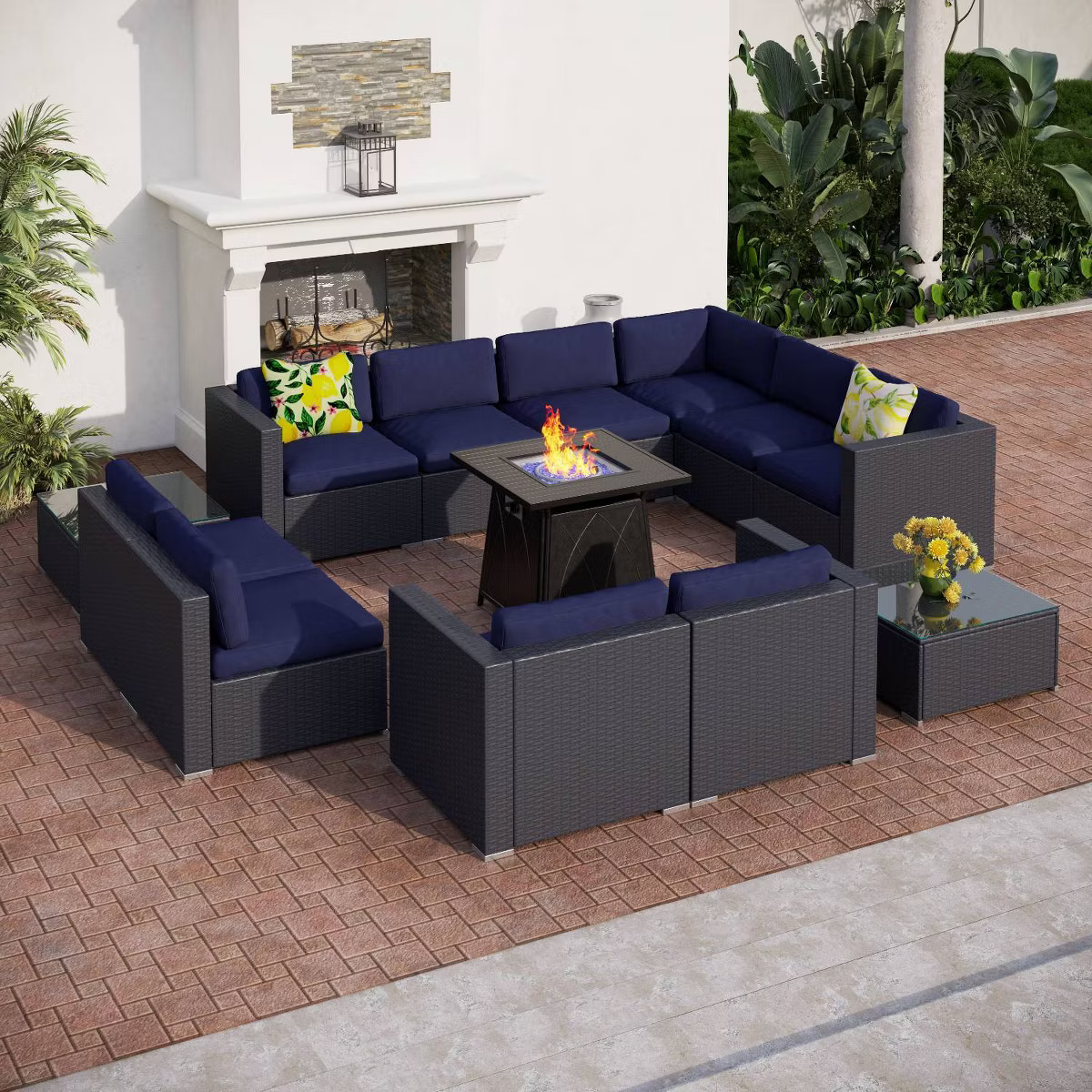 13pc Steel & Wicker Outdoor Square Fire Pit Set with 10 Sectional Seats & 2 Coffee Tables Blue - ... | Target