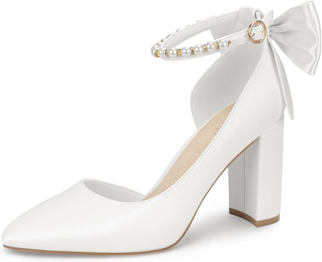 Women's Closed Toe Pumps 3-Inch Chunky Heels Pumps Ankle Strap Dress Wedding Shoes | Amazon (US)