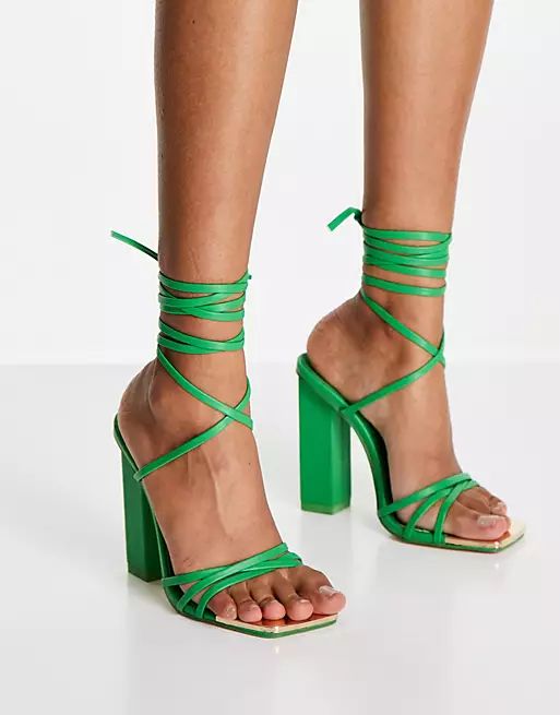 Public Desire Amira block heel sandals in green | ASOS (Global)