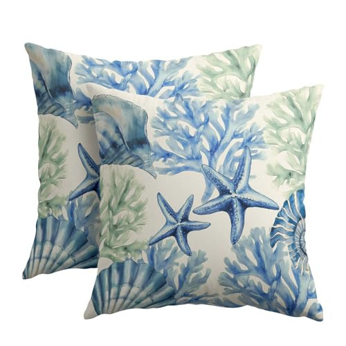 Kawani Beach Theme Pillow Covers 18x18 Inch Coastal Starfish Coral Outdoor Throw Pillows Set of 2 Summer Ocean Nautical Pillowcases Rustic Cushion Covers for Couch Home Decor | Amazon (US)