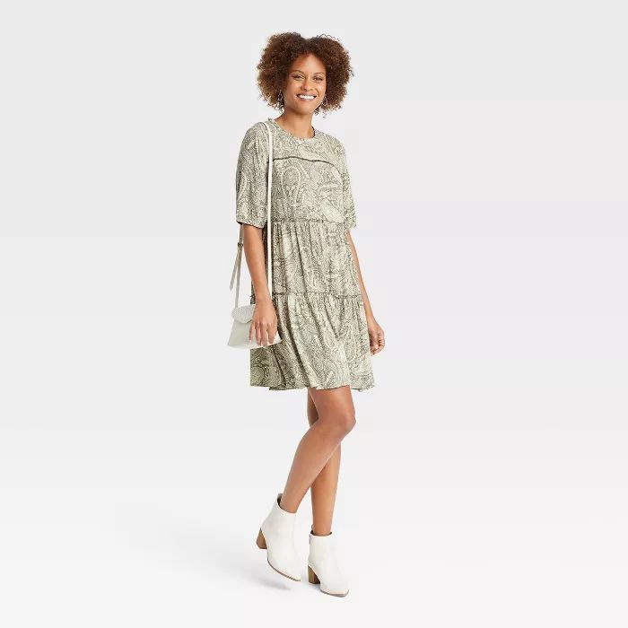 Women's Elbow Sleeve Tiered Dress - Knox Rose™ Olive Green Paisley Print | Target