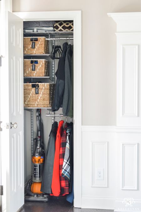 We reconfigured our small entryway closet to add shelves and double hanging rods to take advantage of every inch of space. home organization closet organization home storage coat closet Elfa solution vacuum cleaner storage pet supply storage 

#LTKunder50 #LTKstyletip #LTKhome