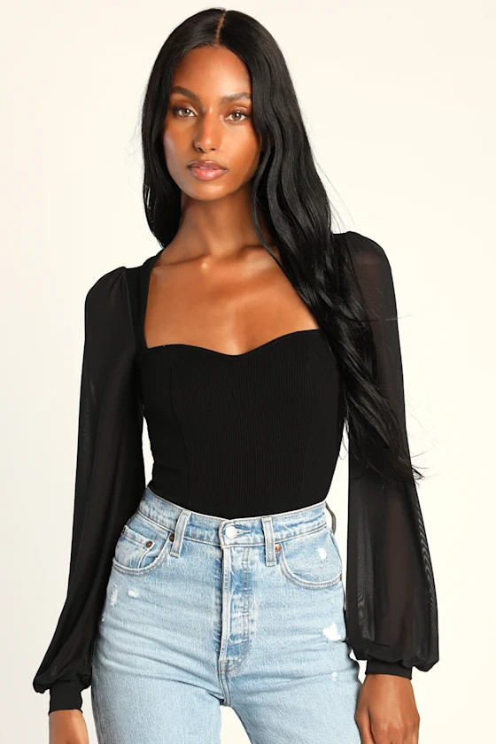 Sensational Sweetheart Black Ribbed Balloon Sleeve Bodysuit | Lulus (US)