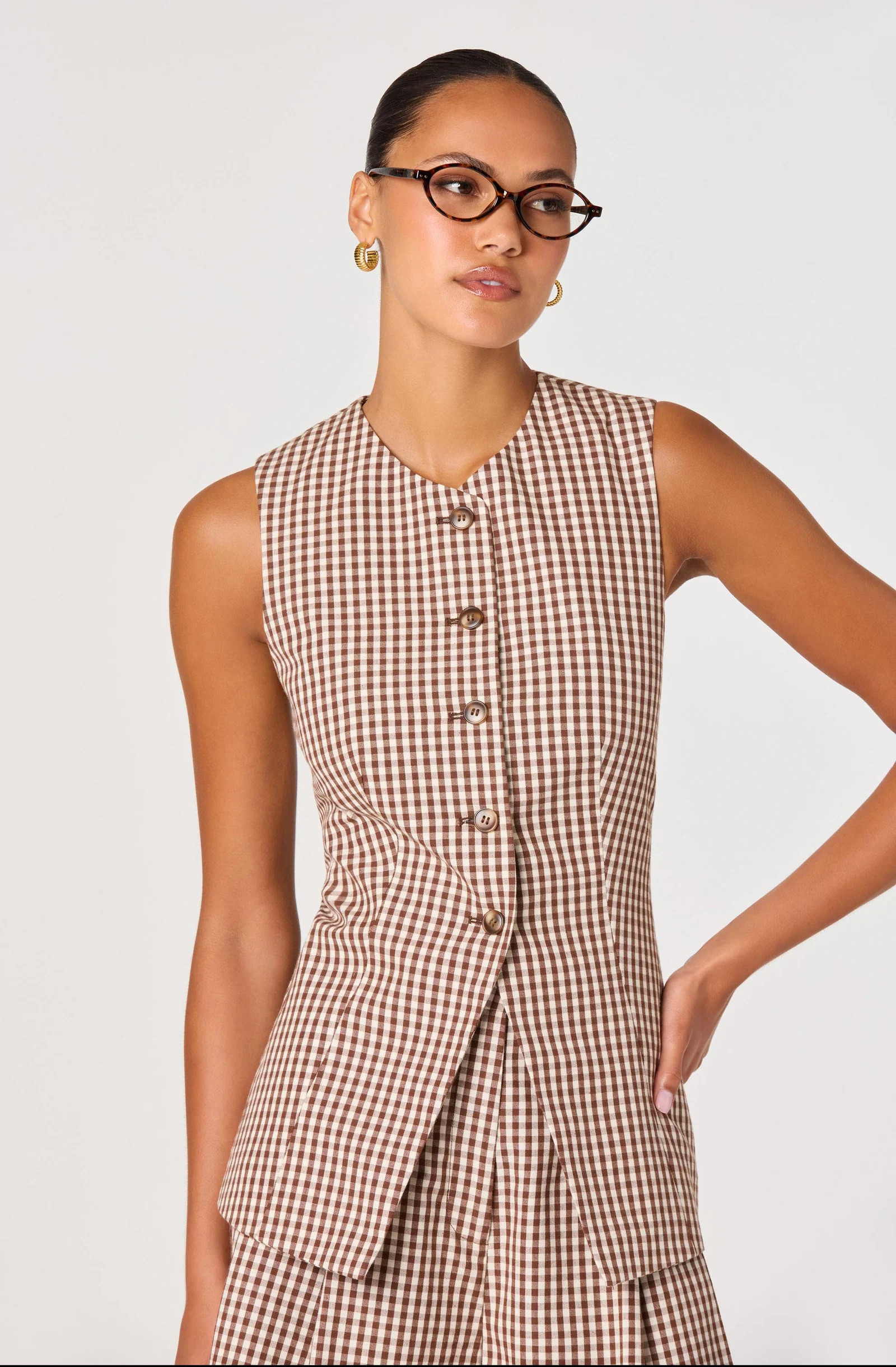Karan Gingham Longline Vest - Brown checker / XS | ASTR The Label (US)