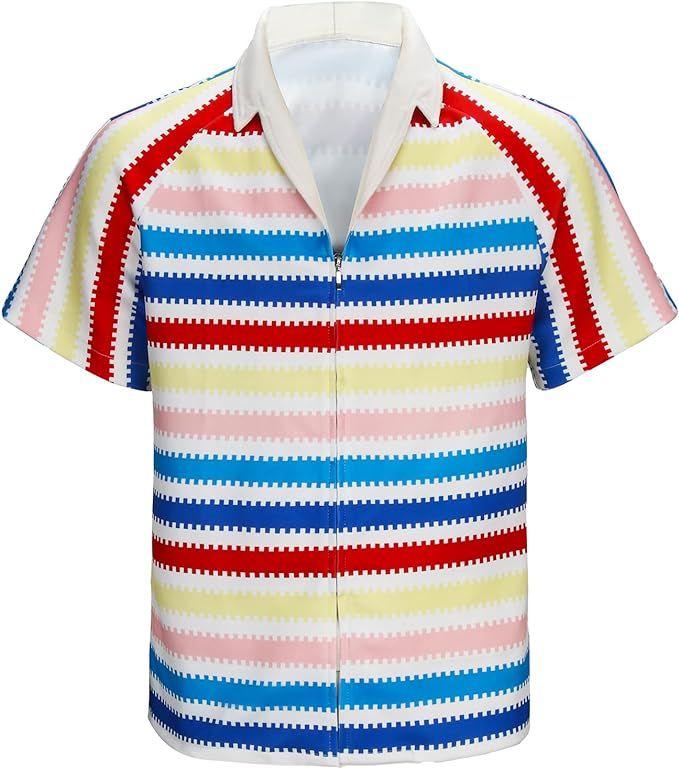 Adult Men Allan Costume Shirt 80s 90s Rainbow Striped Hawaiian Beach Short Sleeve Halloween Cospl... | Amazon (US)