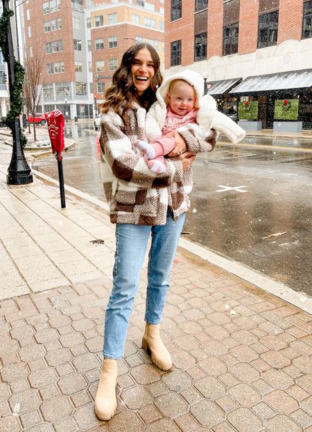 Amazon fuzzy faux shearling coat. Brown and white checkered coat. Coat fits tts but I sized up one size to a medium for an oversized fit. Amazon Chelsea boots fit tts. Baby sweatshirt and sweatpants fit tts and are so cute! 

#LTKshoecrush #LTKbaby #LTKSeasonal