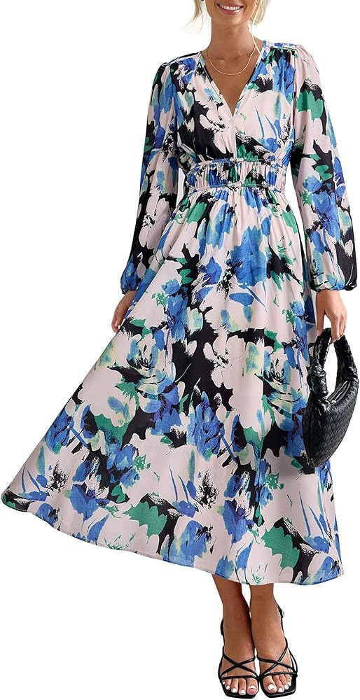 PRETTYGARDEN Women's 2024 Fall Boho Maxi Dress Casual Long Sleeve V Neck Printed Beach Long Flowy... | Amazon (US)