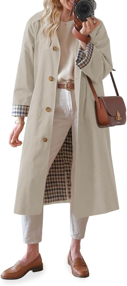 Tankaneo Womens Long Trench Coat Single Breasted Oversized Windproof Overcoat Fashion Outerwear | Amazon (US)