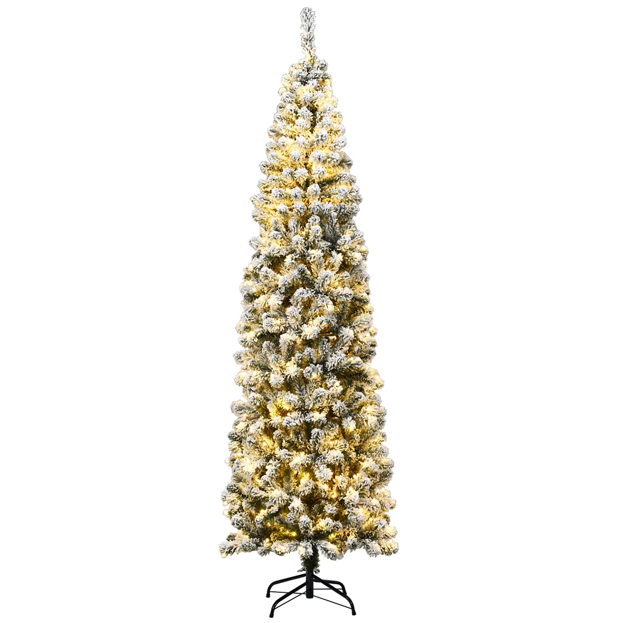 Costway 7.5Ft Pre-lit Snow Flocked Artificial Pencil Christmas Tree w/ 350 LED Lights | Walmart (US)