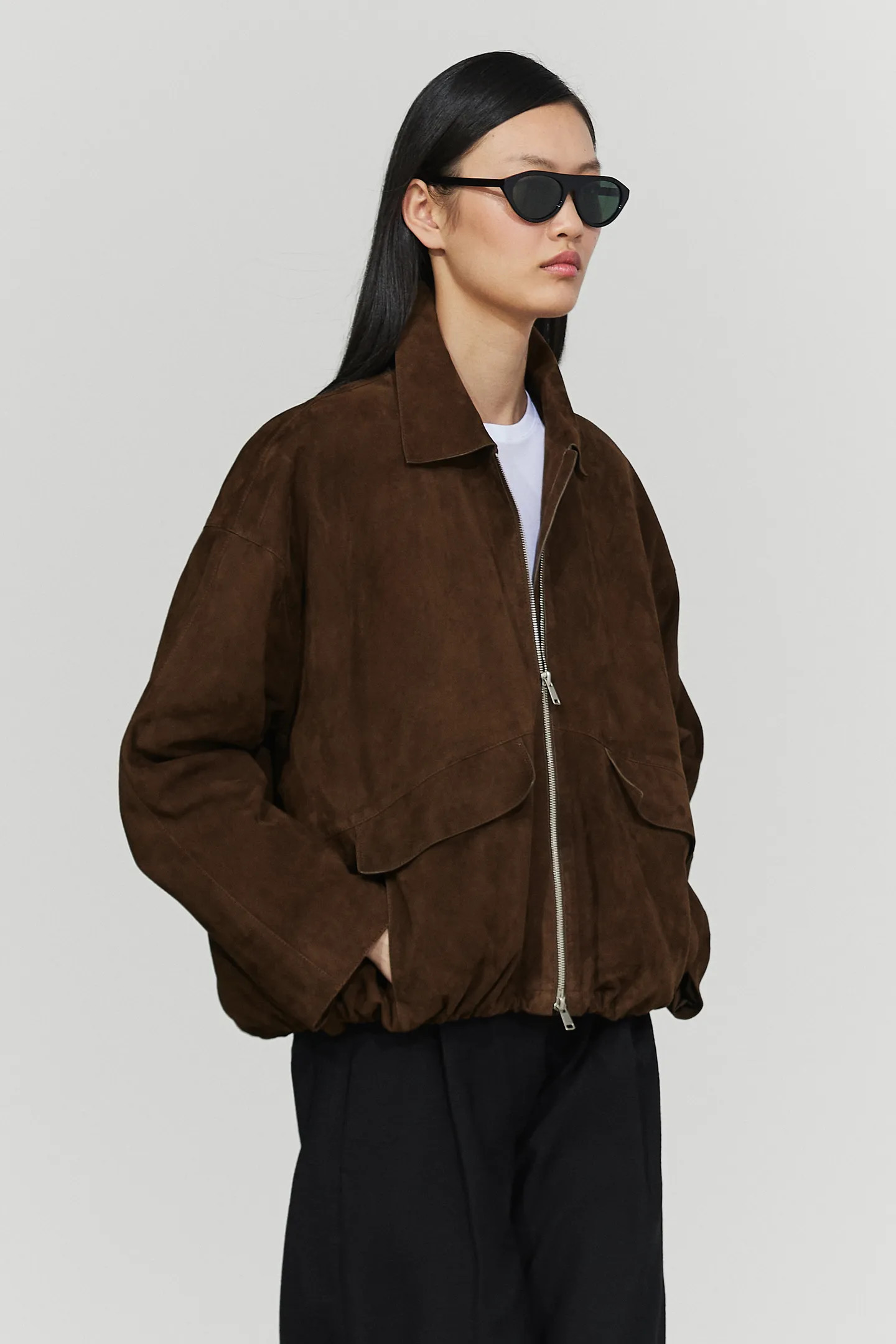 Oversize suede leather bomber jacket | Massimo Dutti UK