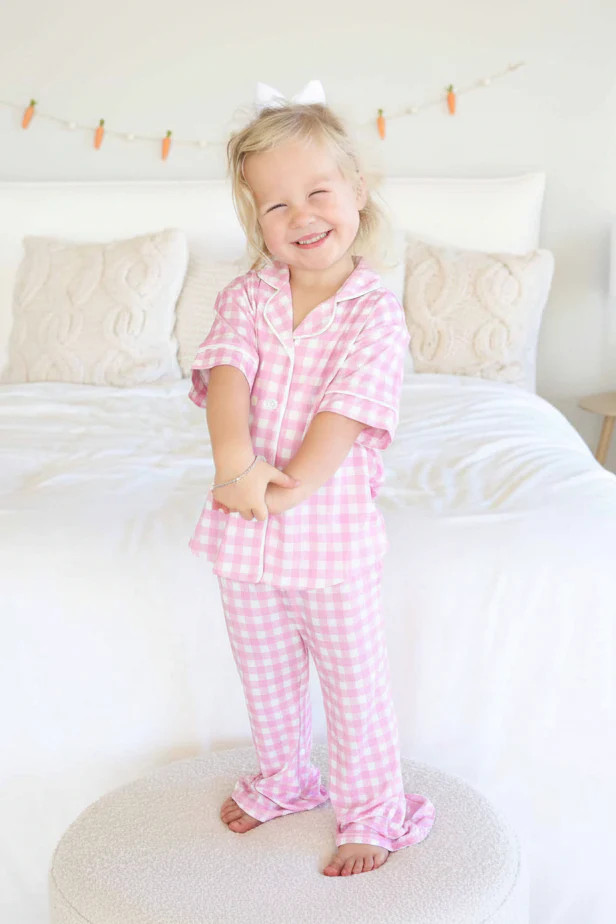 Girl's Two Piece Flare Lounge Set | Pink Gingham | Caden Lane