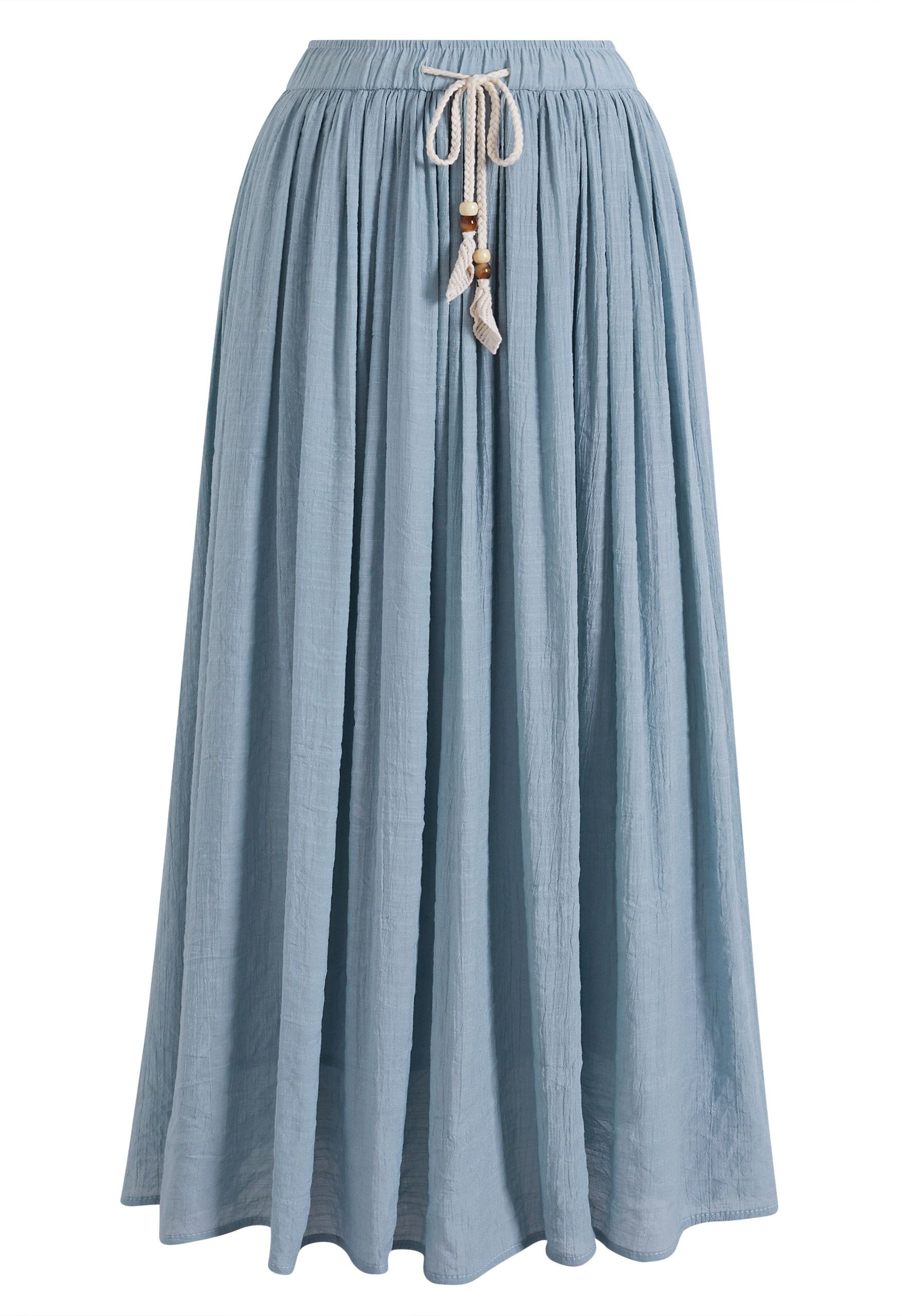 Braided Drawstring Waist Gathered Maxi Skirt in Dusty Blue for Afternoon Tea & Boutique Shopping | Chicwish