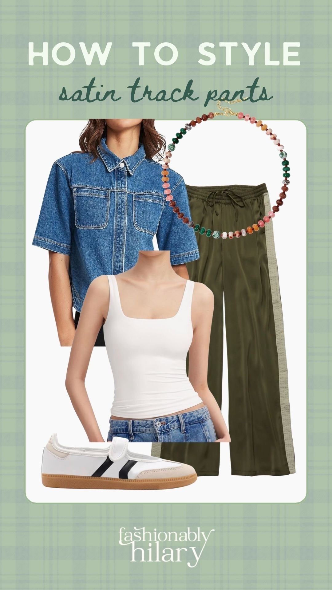 Y’all, the track pants trend has taken over, and I am here for it! I love these satin pants paired with a good tank top and denim top. Complete the look with a pair of Mary Jane sneakers and one of my favorite beaded necklaces in the cutest fall colors. This is such a good look for a lunch date with the girls, school drop off, or running errands. Cute, comfortable and as always, affordable! 
Early fall outfit inspo, mom approved outfit

#LTKMidsize #LTKSeasonal #LTKSaleAlert