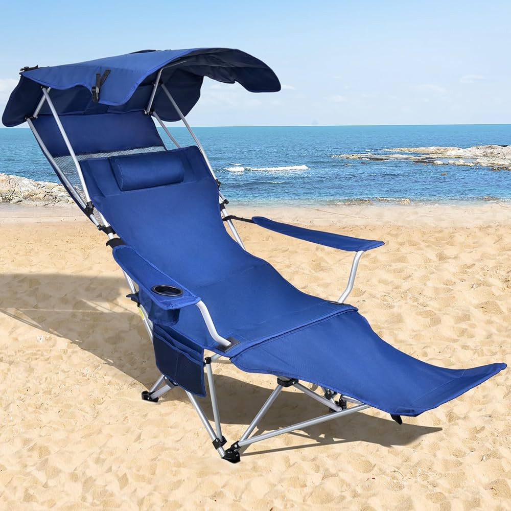 Reclining Beach Chair with Canopy Shade and Footrest, Canopy Beach Chair for Adults with Cup Hold... | Amazon (US)