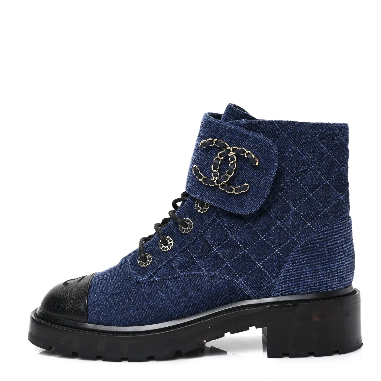 Denim Calfskin Quilted Lace Up Combat Boots 40 Blue | FASHIONPHILE (US)