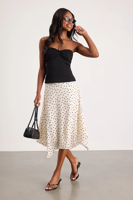 Saprina Ivory Polka Dot Mid-Rise Midi Skirt | Lulus