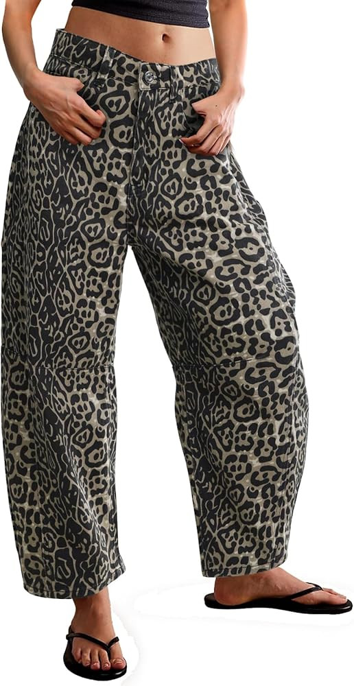 Kedera Women's Baggy Barrel Jeans Casual Boyfriend Mid Rise Leopard Printed Wide Leg Denim Ankle ... | Amazon (US)