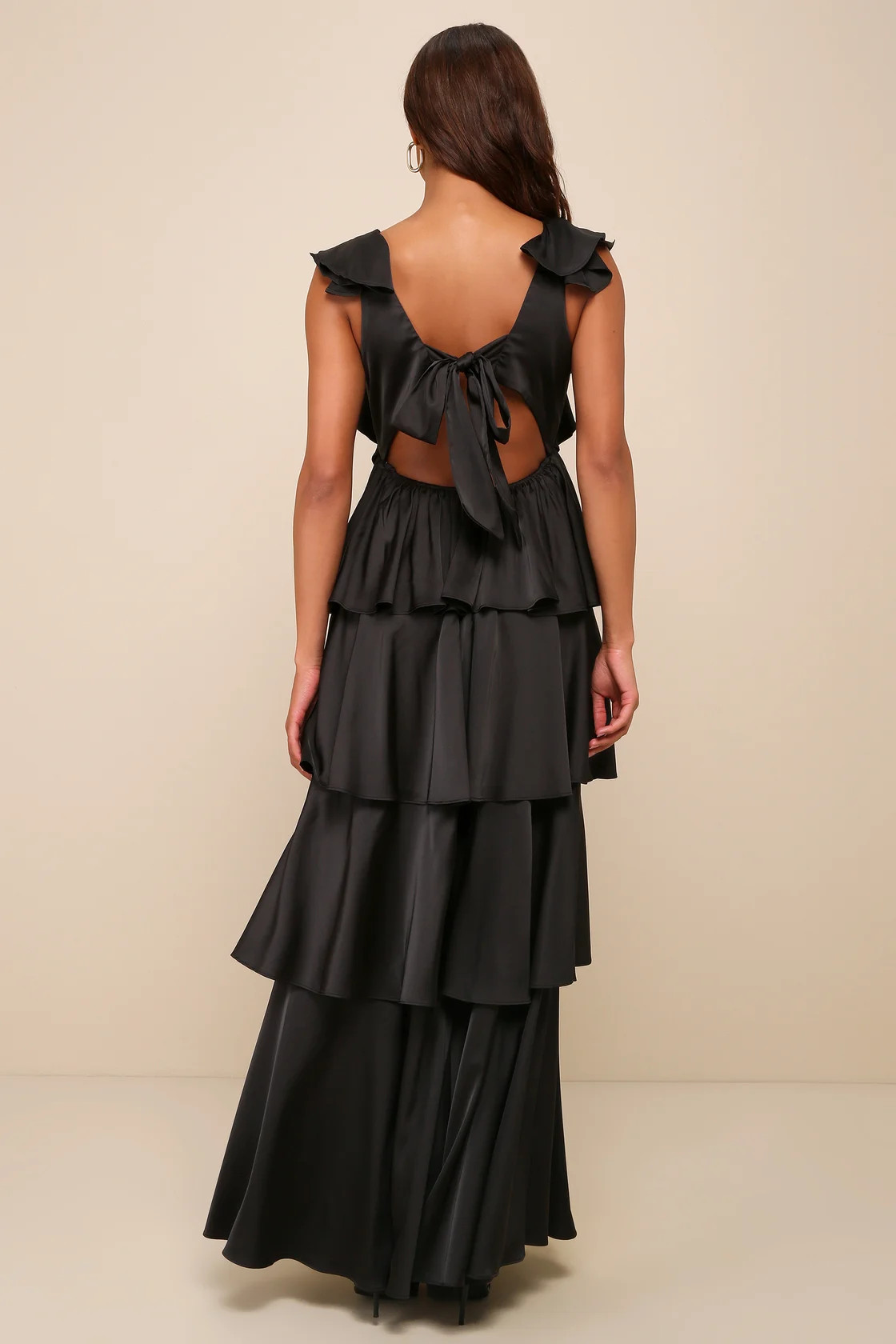 Glorious Essence Black Satin Ruffled Tiered Tie-Back Maxi Dress | Lulus