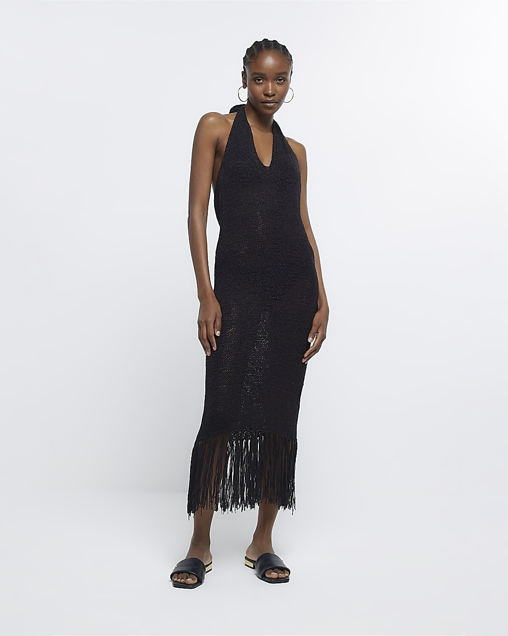 River Island Womens Black Halter Neck Knit Midi Dress | River Island (US)