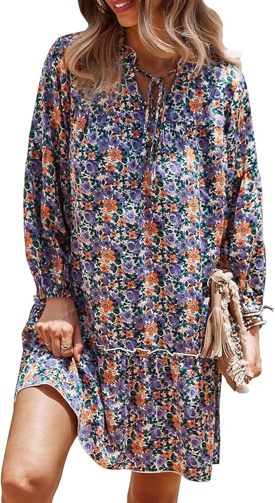 Amazon.com: KIRUNDO Women's Long Sleeve Tie Neck Ruffle Floral Print Boho Dresses Casual Loose Pl... | Amazon (US)