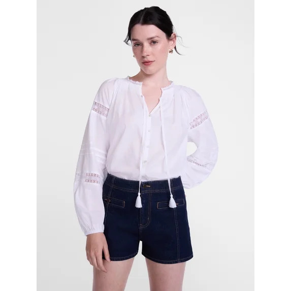 Scenario Women's and Women's Plus Smocked Neck Top with Lace Inserts, Sizes XS-4X | Walmart (US)