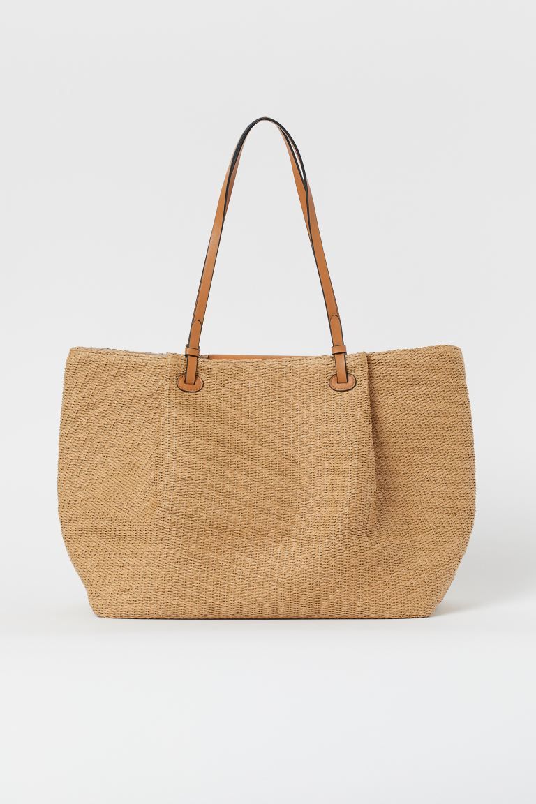 Shopper in braided paper straw with faux leather details. Two handles, zip at top, wide tab with ... | H&M (US)