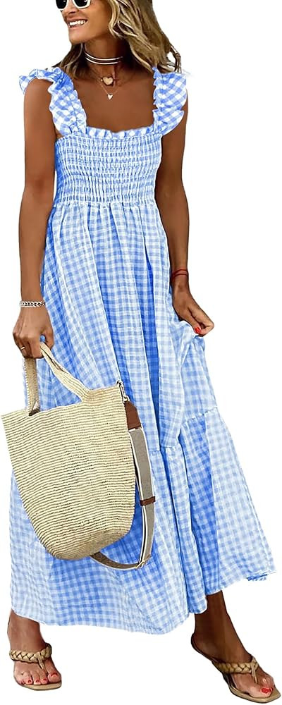 Caracilia Womens Summer Casual Maxi Dress Ruffle Spaghetti Strap Gingham Smocked Long Dresses 202... | Amazon (US)