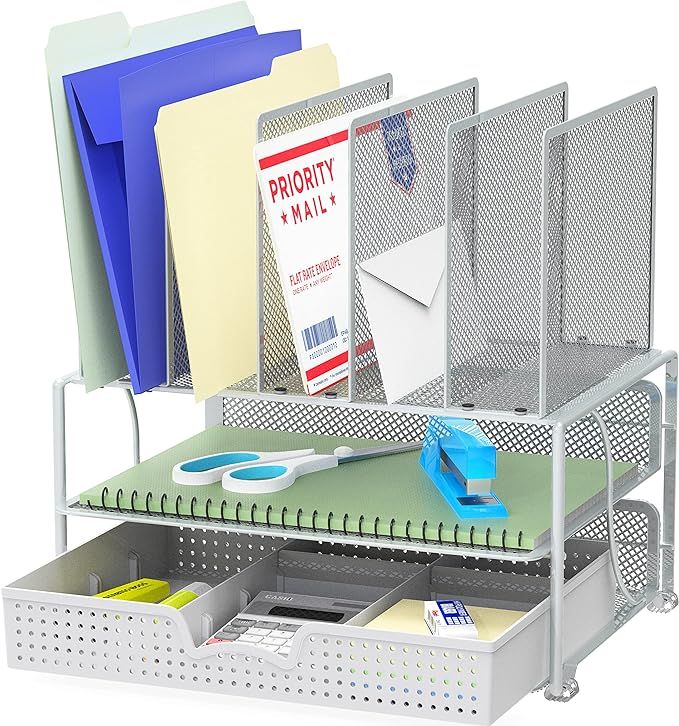 SimpleHouseware Mesh Desk Organizer with Sliding Drawer, Double Tray and 5 Upright Sections, Silv... | Amazon (US)
