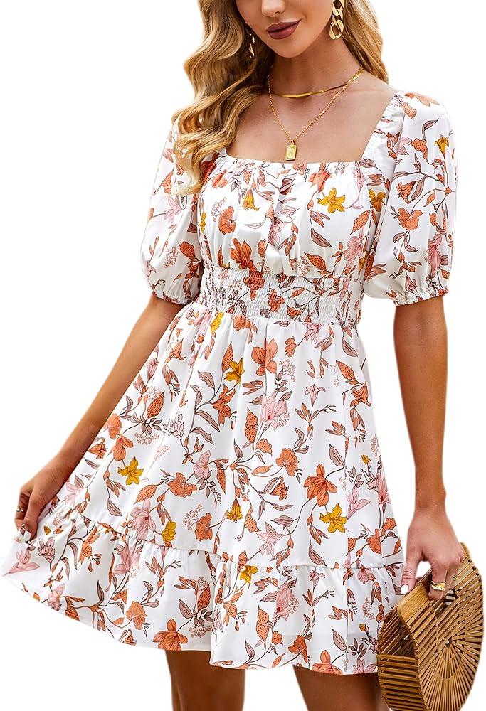 ECOWISH Womens Dresses Square Neck Floral Print A-Line Ruffle Long/Short Sleeve Casual Flowy Mini... | Amazon (US)