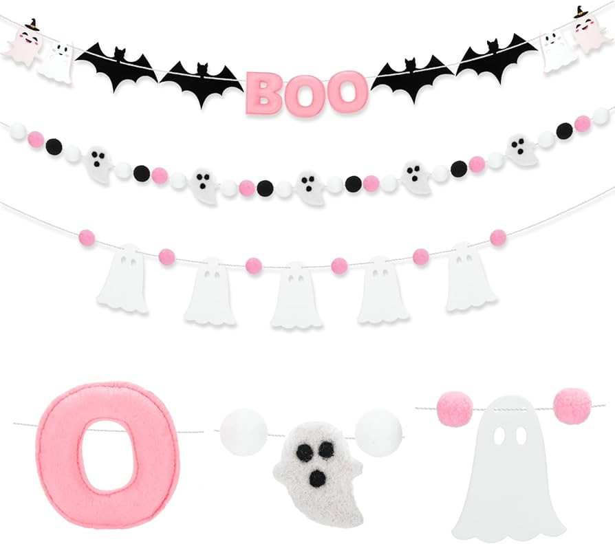 3 Pcs Halloween Felt Banner 9.83 Ft Pink Boo Banner Halloween Felt Ball Ghost Bat Banner Pre Stru... | Amazon (US)