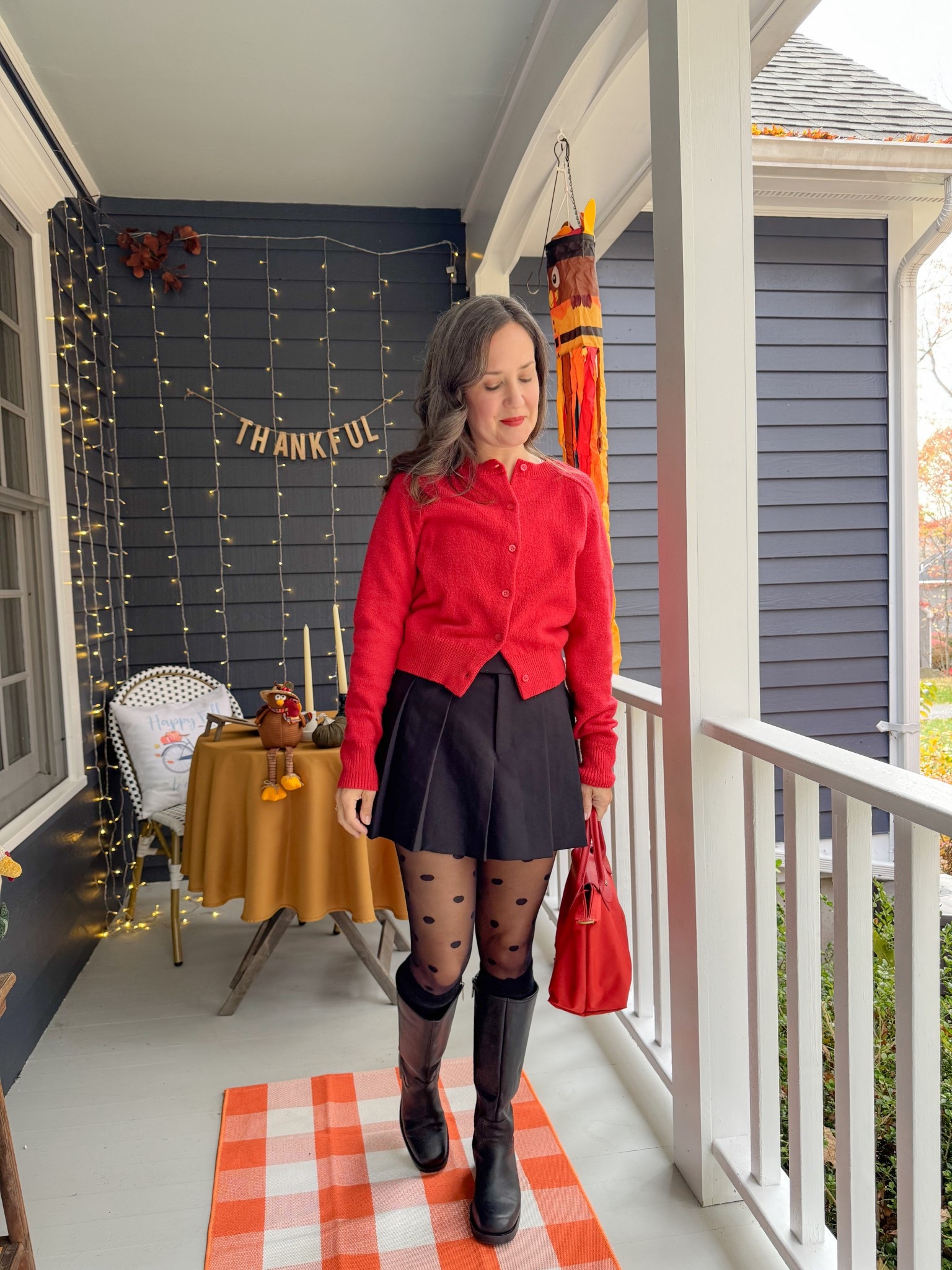 Today’s fall outfit, cardigan, pleated skirt, polka dot tights and waterproof tall boots 👢 

#LTKOver40 #LTKSeasonal #LTKHoliday