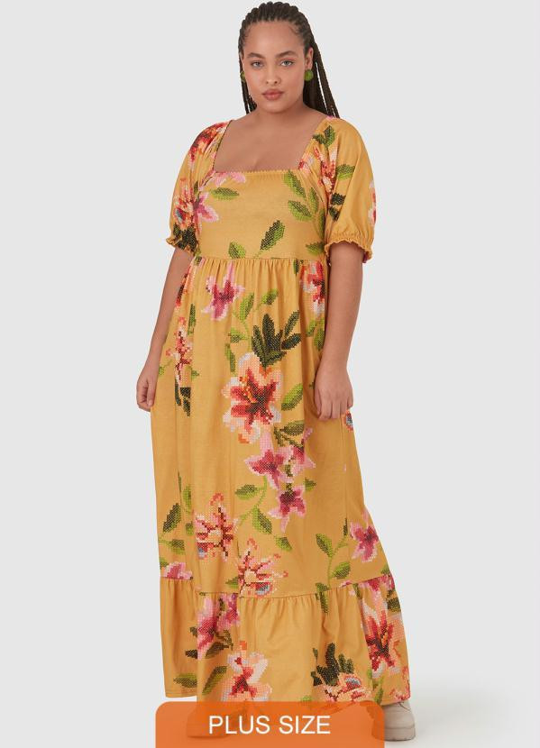 Malwee Plus - Vestido Floral Longo Plus Size Amarelo | Posthaus (BR)