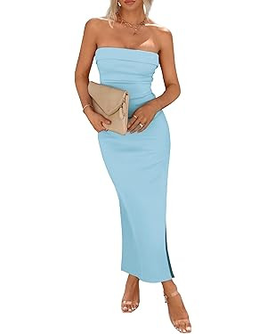 PRETTYGARDEN Women's Summer Bodycon Maxi Tube Dress Ribbed Strapless Side Slit Long Going Out Cas... | Amazon (US)