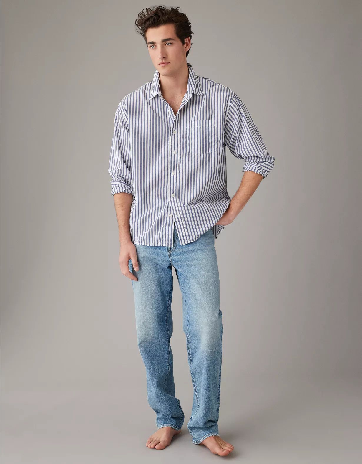 AE Everyday Poplin Striped Button-Up Shirt | American Eagle Outfitters (US & CA)