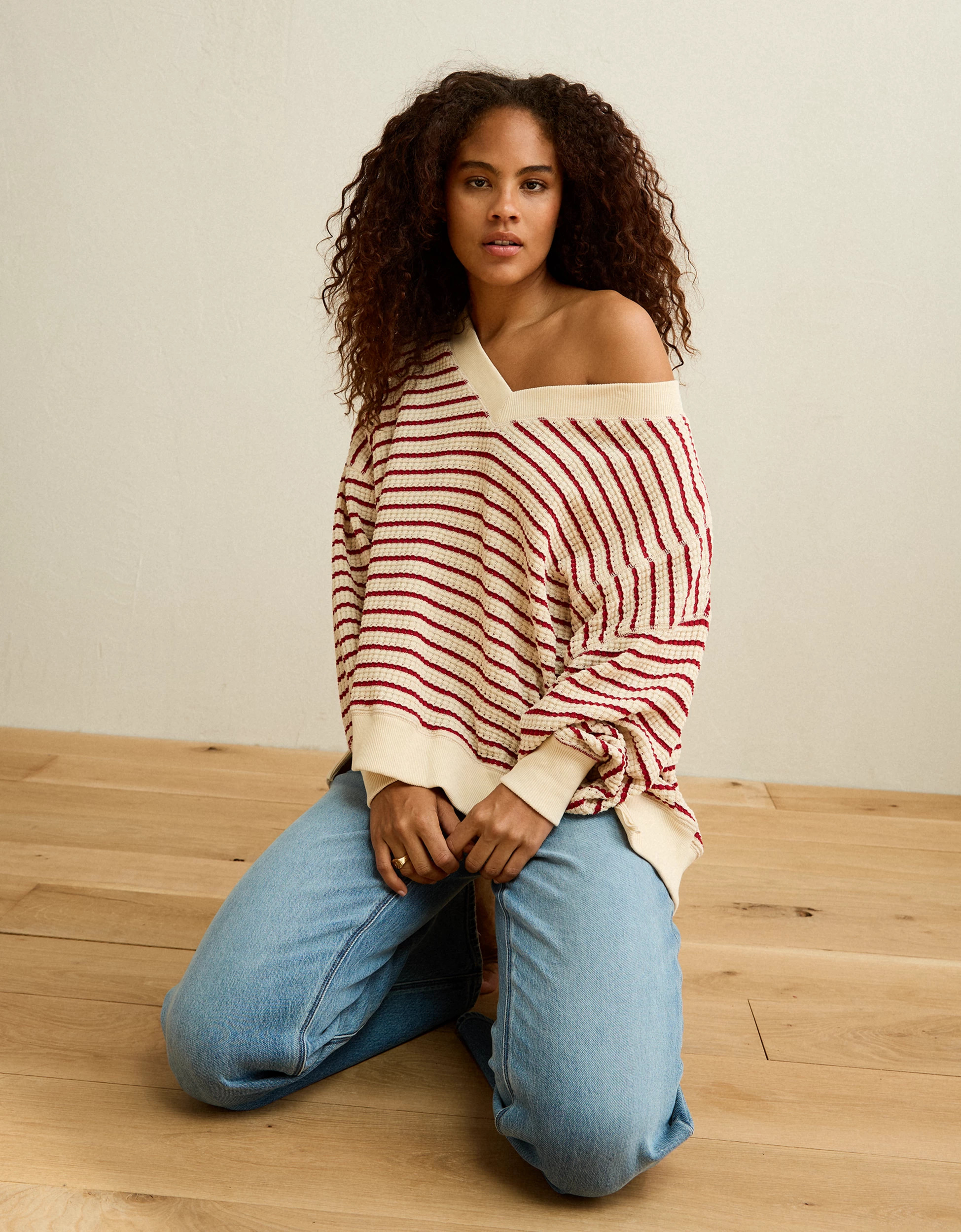 AE Big Hug V-Neck Waffle Sweatshirt | American Eagle Outfitters (US & CA)