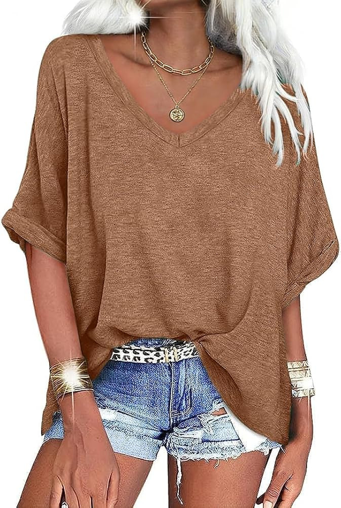 UNCLECAT Women's V Neck Oversized T-Shirts Summer Short Sleeve Shirts Loose Casual Tops Tee | Amazon (US)
