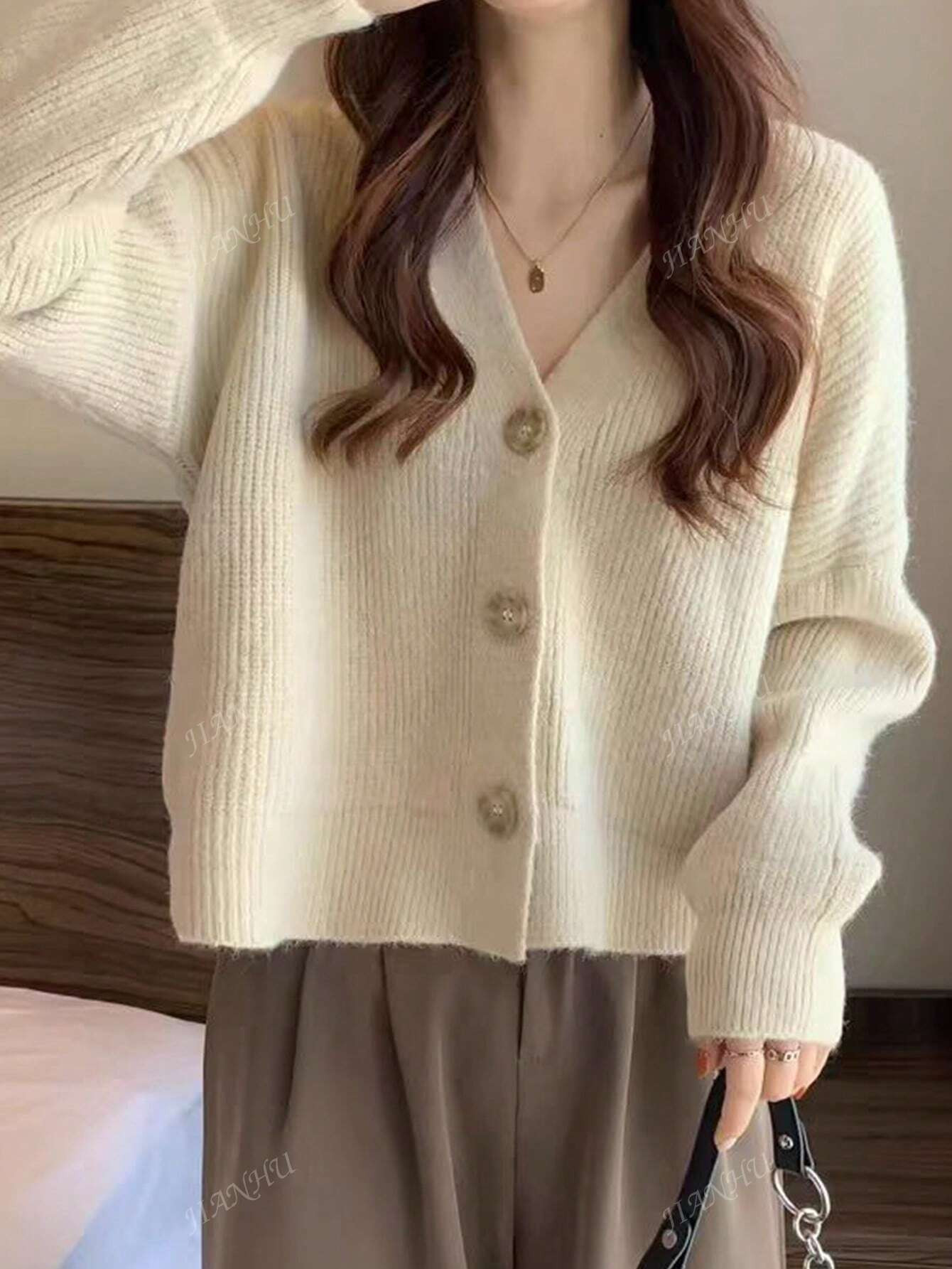 JIANHU Women's Drop Shoulder Ribbed Button Up Cardigan | SHEIN