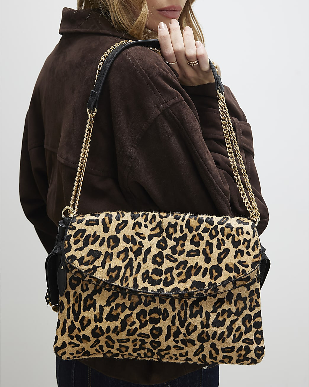 Brown Pony Hair Leopard Print Shoulder Bag | River Island UK & IE