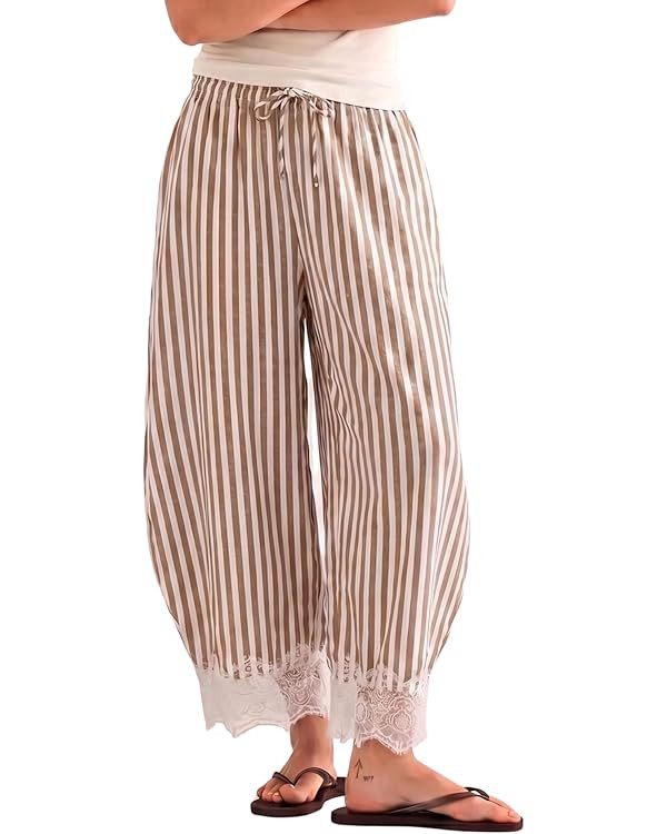MINSURE Women's Striped Lace-Hem Capri Pants Casual Summer Wide Leg Cropped Palazzo Trousers with... | Amazon (US)