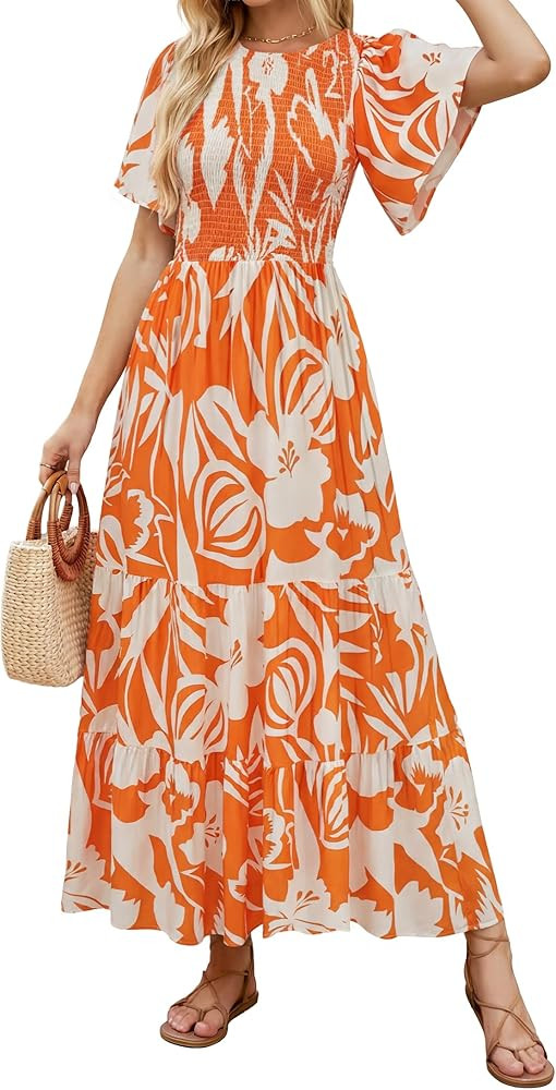 ZESICA Women's 2026 Spring Boho Floral Maxi Dresses Casual Short Flutter Sleeve Smocked Tiered Fl... | Amazon (US)