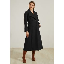 Wide Lapel Double-Breasted Flare Longline Coat in Black | Chicwish