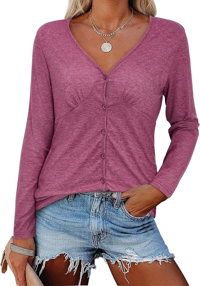 OUGES Womens Long Sleeve V Neck Button Down T Shirt Causal Solid Tops Tunic | Amazon (US)
